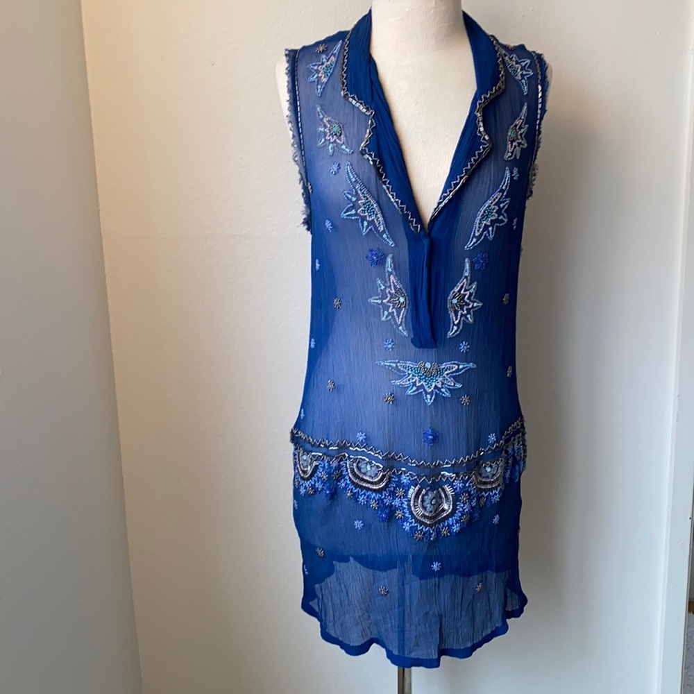 Silk Blue Sequin Sleeveless Sheer Dress S